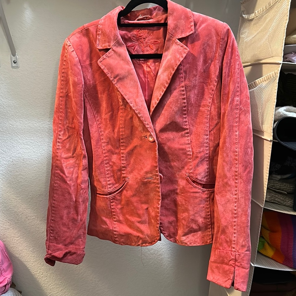 Women's Pink coral leather coat blazer size 12